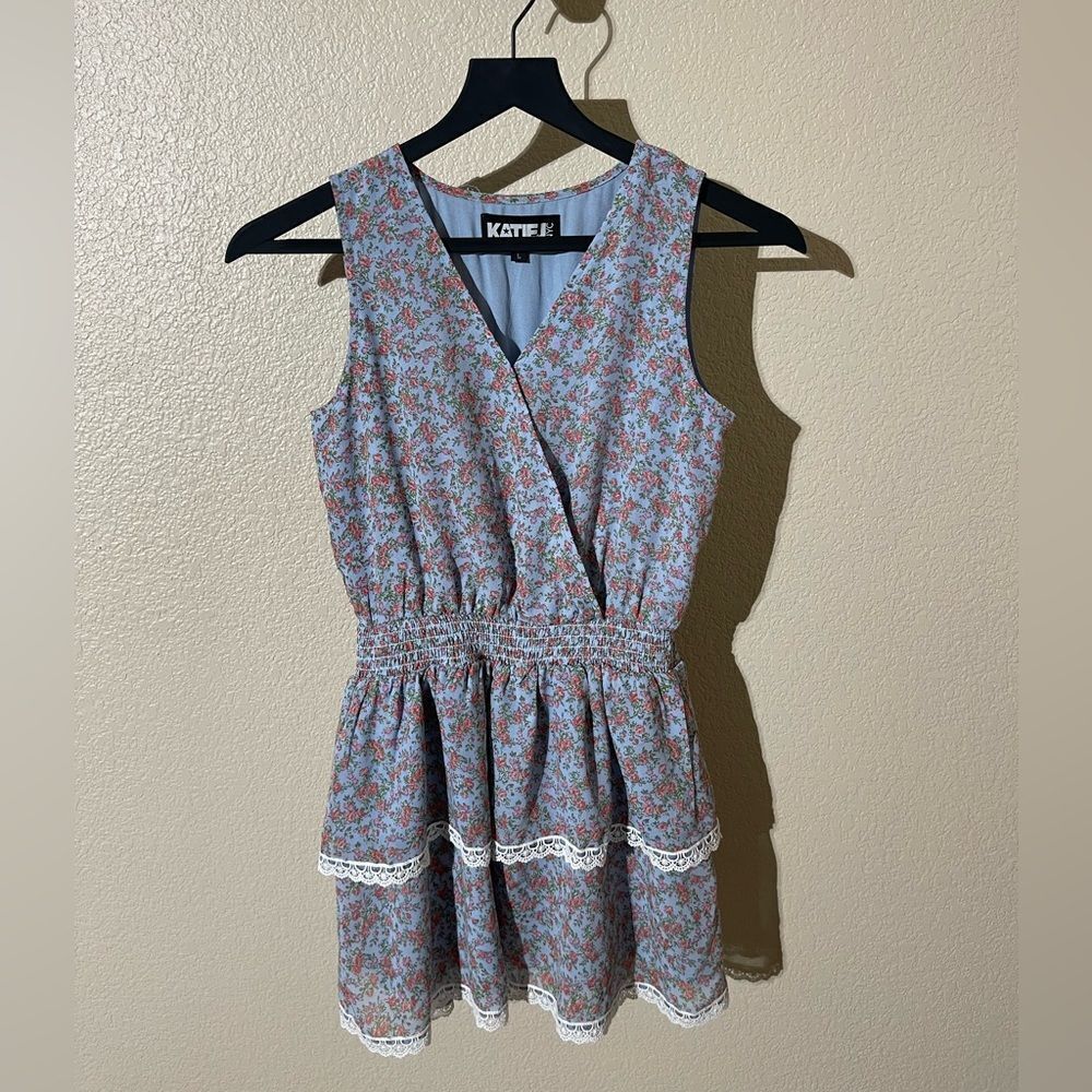 Katie J NYC Blue and Pink Floral Dress with Lace Trim